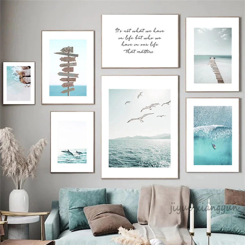 Surfboard Sailboat Beach Dolphin Seagull Palm Art Canvas Painting Nordic Posters and Prints Wall Pictures Living Room Home Decor | Дом и сад