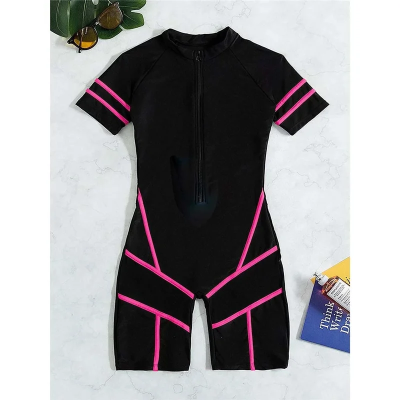 One Pieces Swimsuit Women 2023 New Zip Front Sport Swimwear Mesh Striped Monokini Bodysuit Female Brazilian Beach Bating Suit