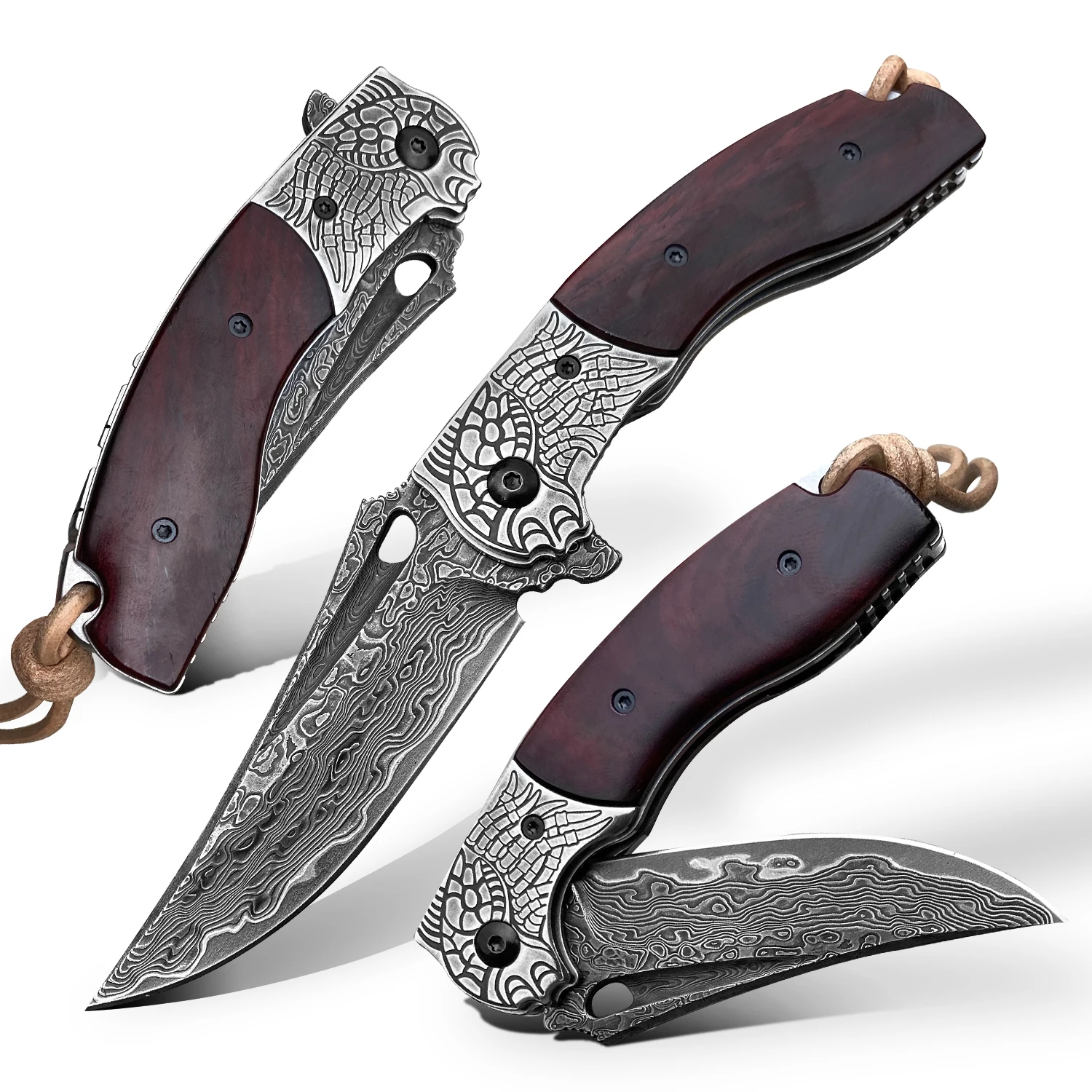 Японский складной нож VG10 из дамасской стали с изображением старых листьев и