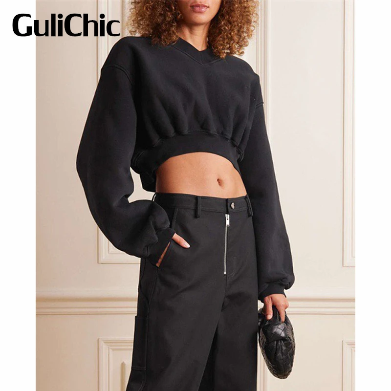 

8.3 GuliChic Women High Street Letter Embroidery High Waist Casual V-Neck Short Pullover Sweatshirt