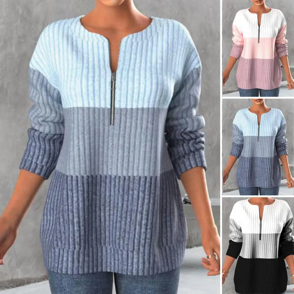 

Women Sweater Contrast Color Long Sleeve Crew Neck Knit Pullover Autumn Winter Loose Zipper Sweatshirt Sweater Streetwear