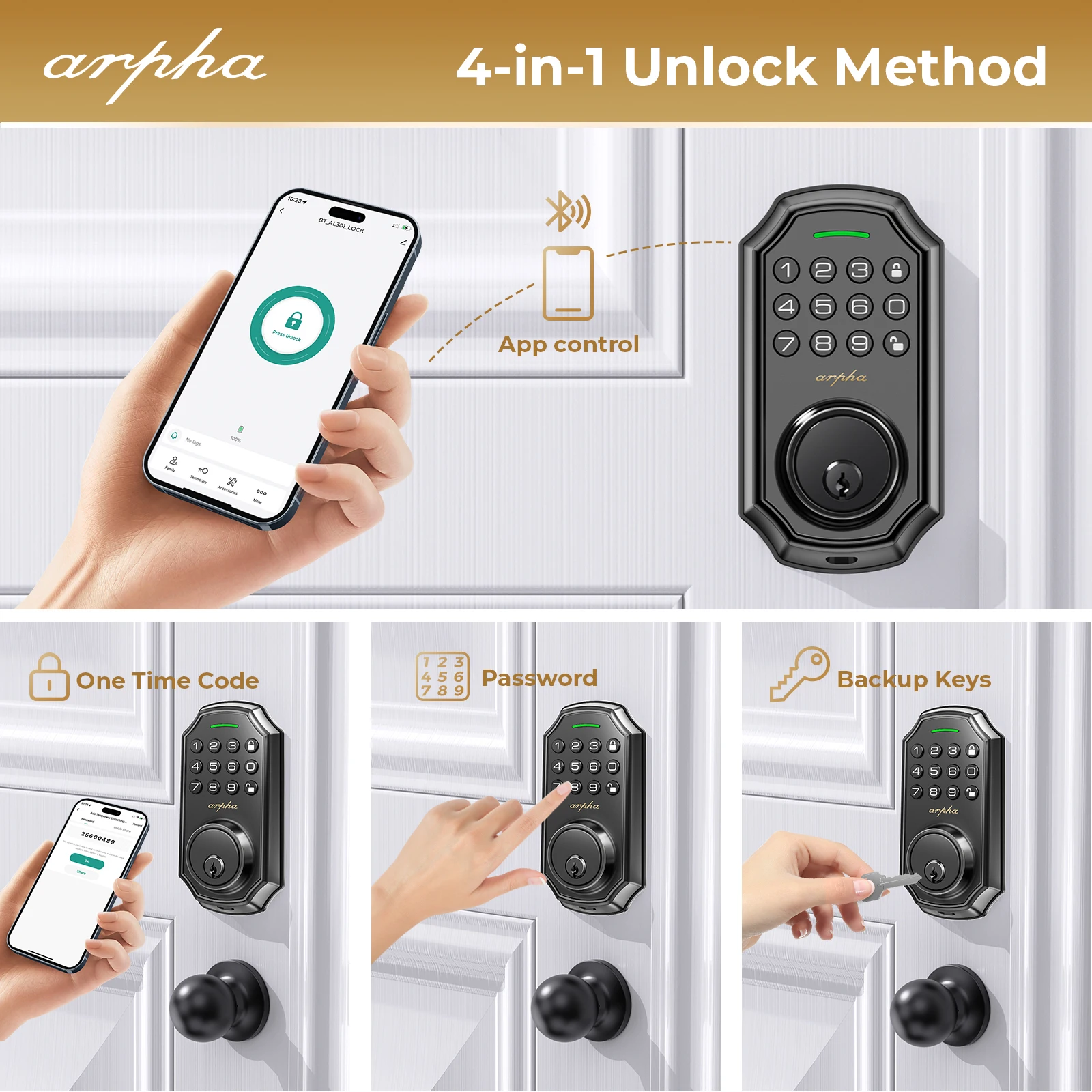 Фото Умный дверной замок Arpha D180, набор замков для входной двери без ключа с 2 дверными ручками, управление через приложение, электронный 100-кодовый замок с клавиатурой №3