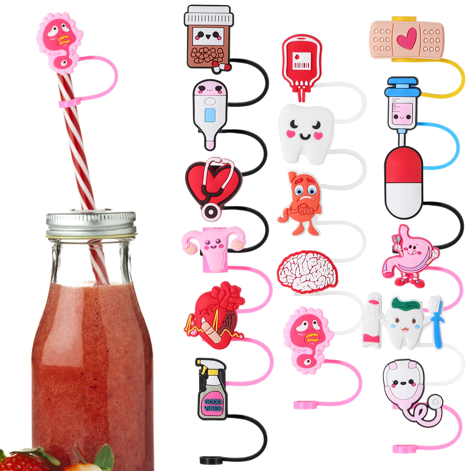 

17 Pcs Silicone Straw Covers Tips Creative nurses day theme Cartoon Straw Covers Straw Plugs Drinks Cups Toppers Decorative