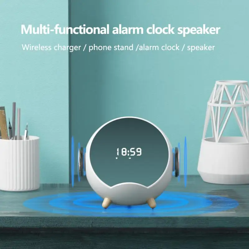 

Часы Дисплей динамик Многофункциональный беспроводной динамик Беспроводное зарядное устройство светодиодный Будильник держатель телефона 4000mha