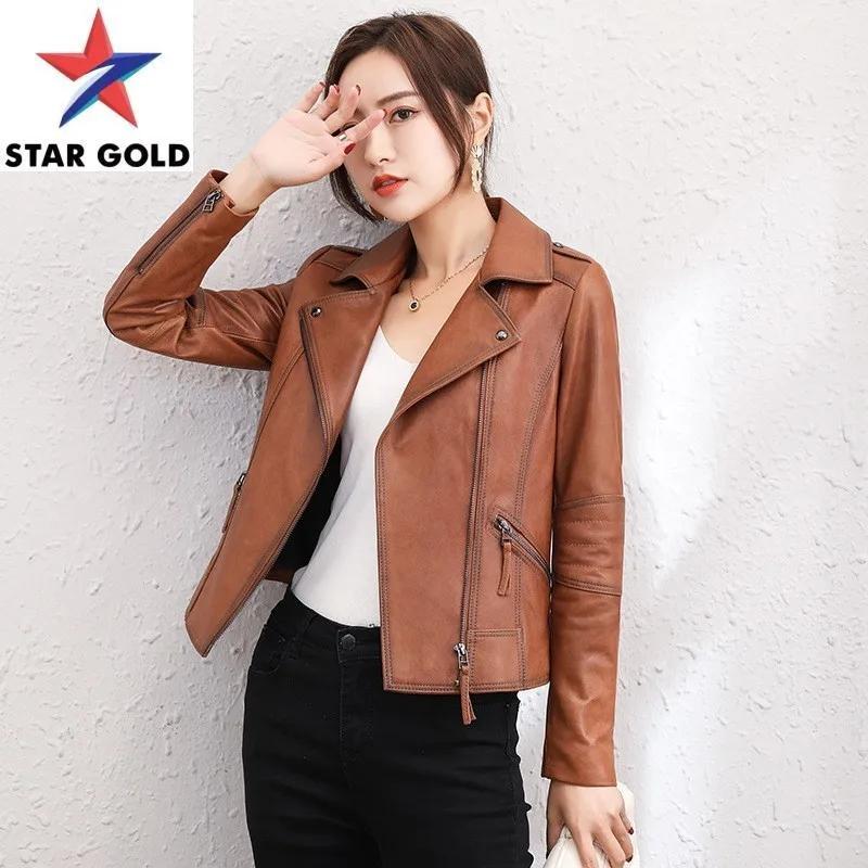 

Genuine Leather Biker Short Jacket Women Autumn Long Sleeve Sheepskin Coat Fashion Patchwork Zip Motorcycle Jackets M-4XL