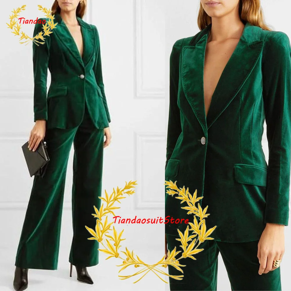 Women Business Suit Green Velvet 2 Piece Custom Made Personalized Formal Wedding Tuxedos Lady Blazer Pants Slim Fit Jacket