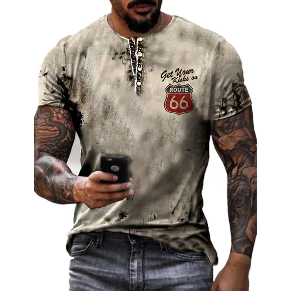 

Summer New Vintage Short Sleeve Street Style Fashion America Route 66 Letters Printed Clothes Crew Neck Men's Oversized Tshirt