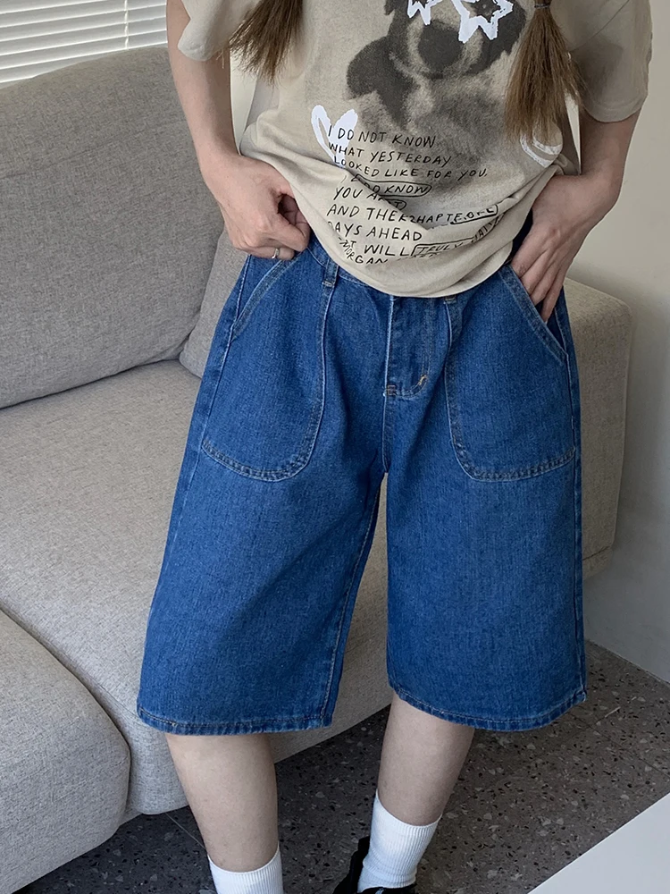 New Summer Women Straight Loose Blue Denim Shorts Streetwear Female High Waist Button Pocket Wide Leg Jeans Shorts