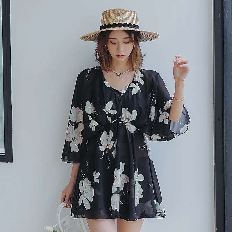 

Женский купальник-тройка большого размера с длинным рукавом и защитой от солнца