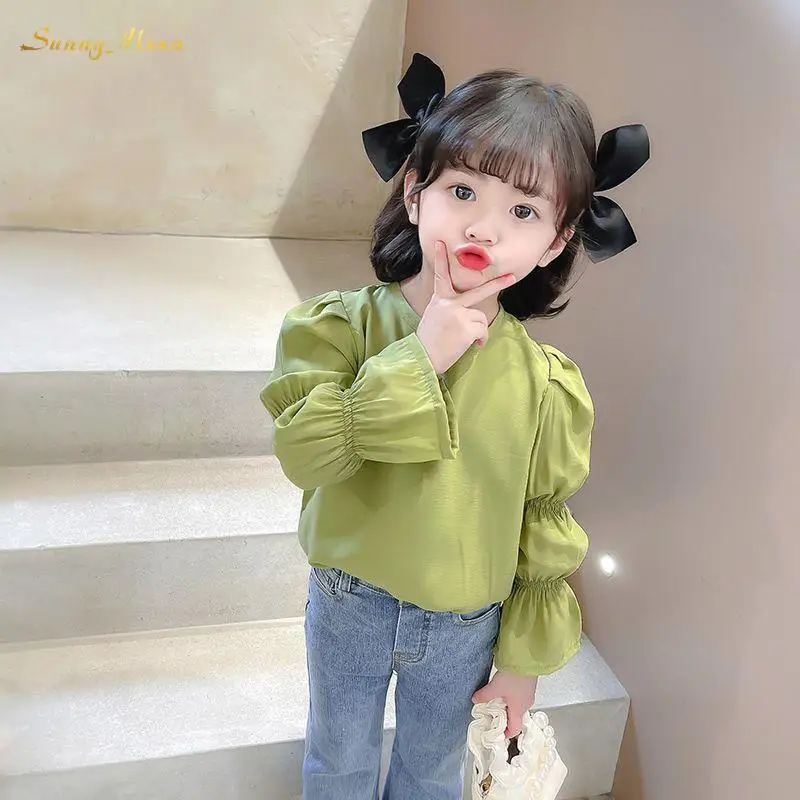 

Fashion baby Spring and Autumn girl Solid color bubble long sleeve shirt top hemden infant toddler 1-7Y