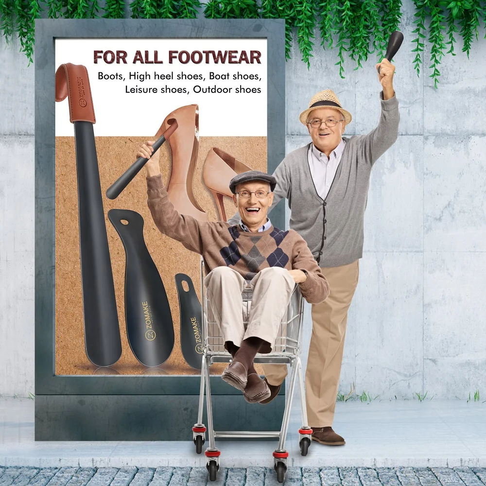 ZOMAKE 2pcs Metal Long Handle Shoe Horn for Seniors 16.5 Inch with Travel Shoe Horn Helper for Men Women-Kids Aid Accessories