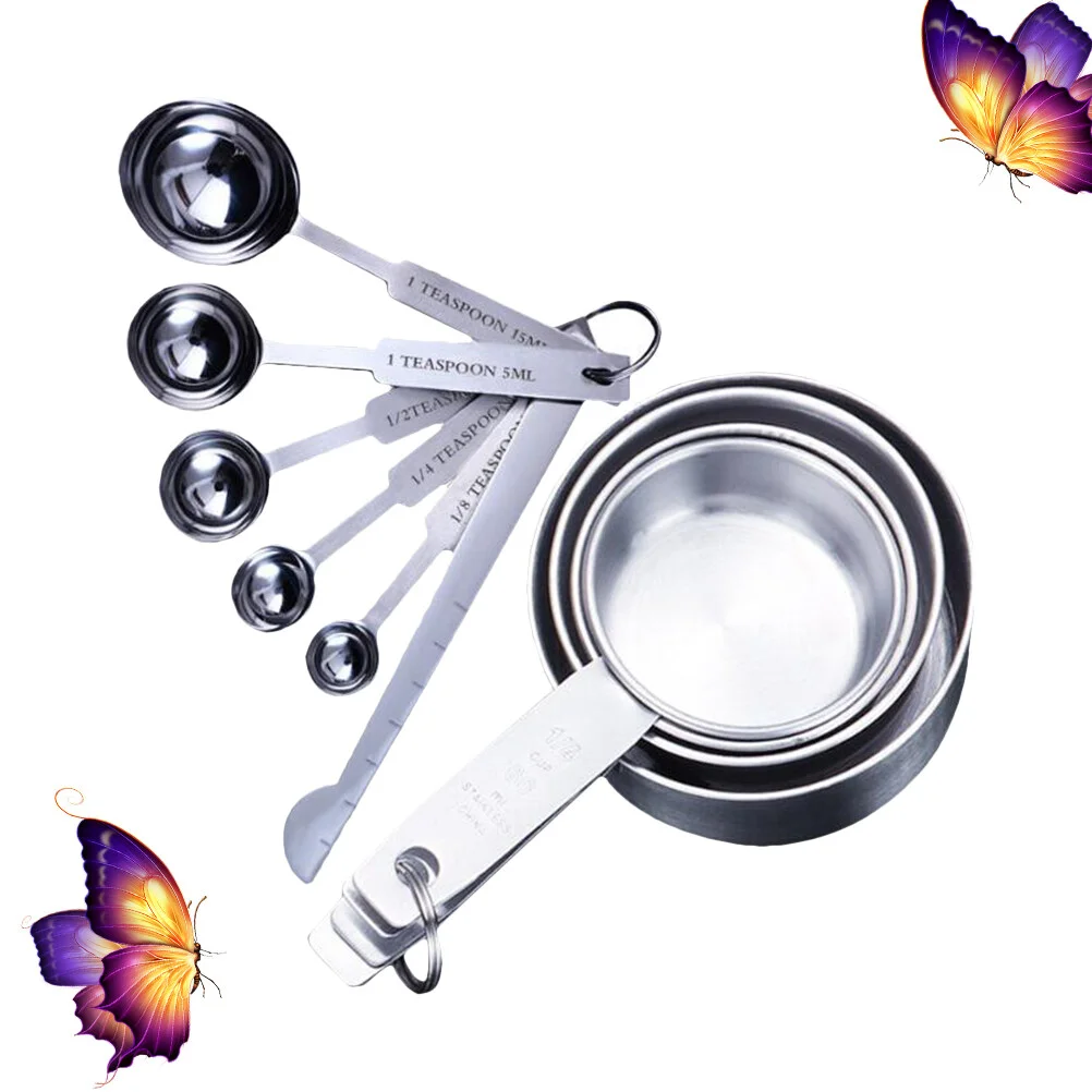 

2 Set Stainless Steel Measuring Cups and Spoon Set Kitchen Cooking Accessory 5 Measuring Cup and 6 Seasoning Spoons with Ruler