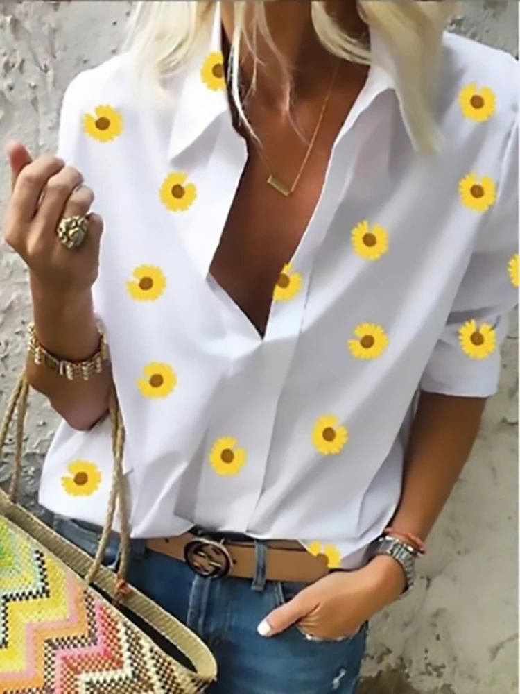 

Plus Size 2022 Summer New Fashion Y2k Tops for Women Daisy Floral Print Turndown Collar Long Sleeve Fashion Cute Blouses