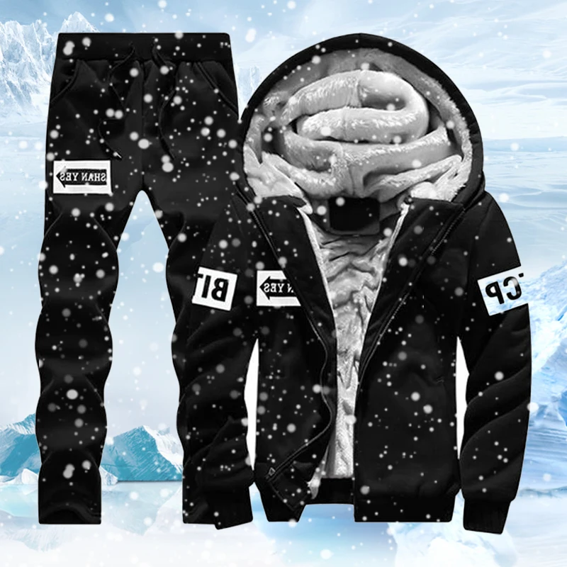 

New Fleece Men Set Fashion Brand Tracksuit Lined Thick Sweatshirt + Pants Sportswear Suit Male Winter Warm Hooded Outerwear