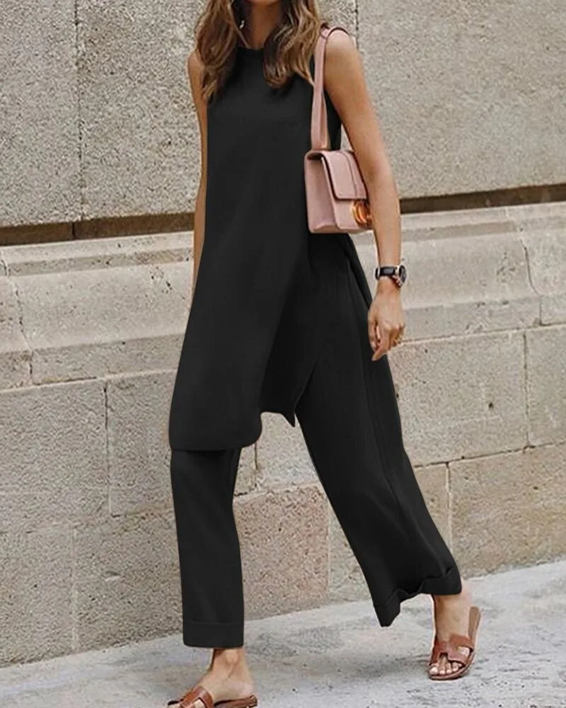 

Two Piece Sets Woman Pants Set Sleeveless Tops Holiday Shirt Trousers Elegant Elegant Shirts High Waist Wide Leg Suit Work Y2k
