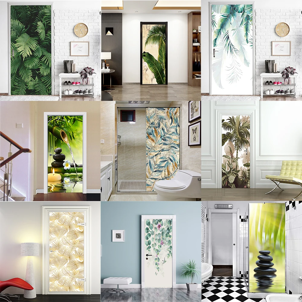 

Зеленые тропические растения, дверные наклейки, спальня, ванная комната, домашний декор, 3D Самоклеящиеся обои, декоративные наклейки для гостиной