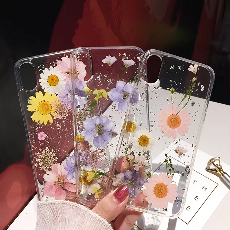 

NEW2023 Qianliyao Dried Flower Silver foil Clear Phone Cases For iPhone 12 11 Pro Max XS Max XR X 6 6S 7 8 Plus SE Soft Silicone