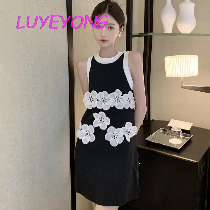 

Korean Fashion Clothes Y2k Girl 3D Floral Design Sleeveless Knit Sweaters Dress Black Pink Female Sweet Casual Sweater Vest