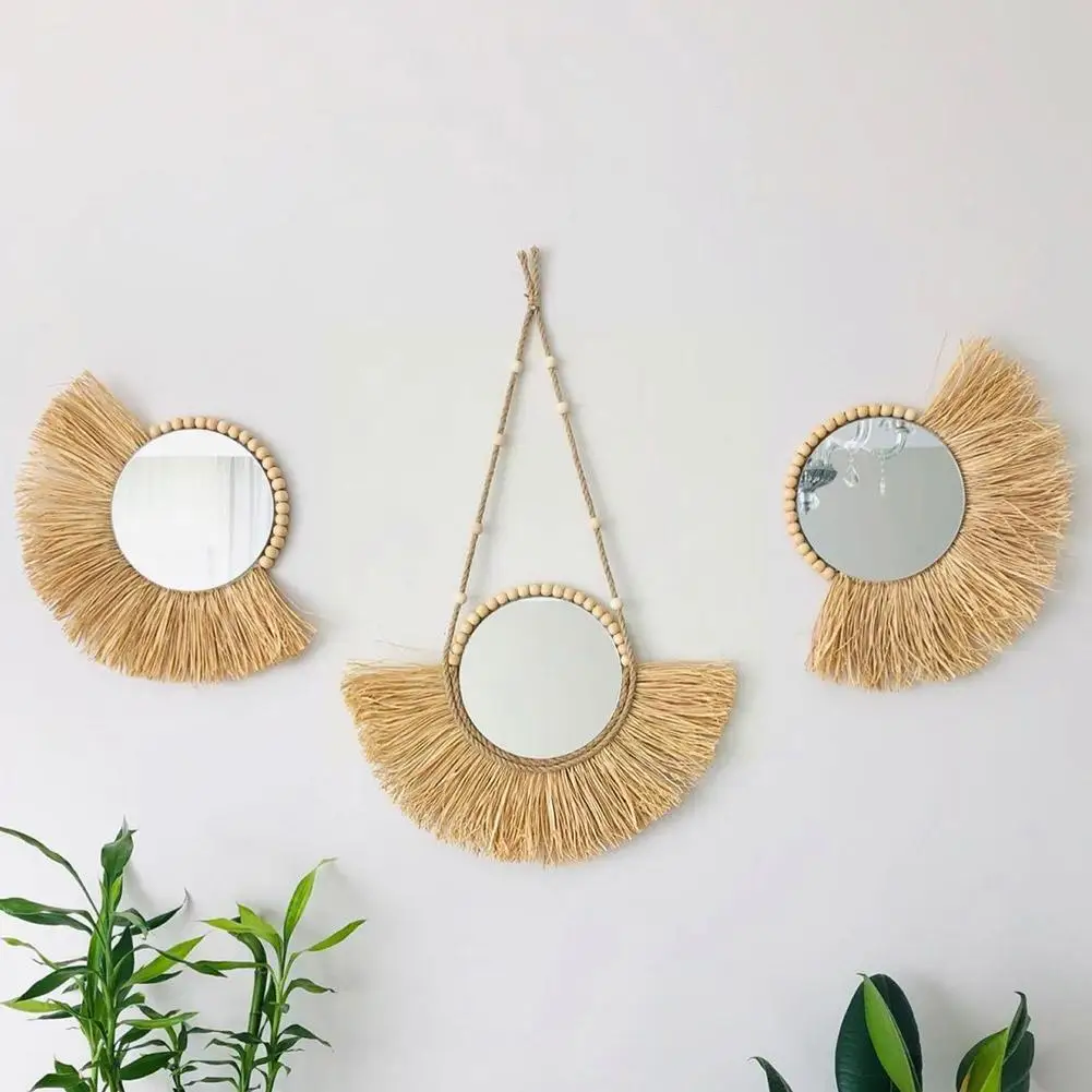 

Nordic Style Wall Decor INS Wood Bead Straw Woven Mirror Hanging Ornament Rattan Craft For Hotel Office Home Interior Decor A5F6