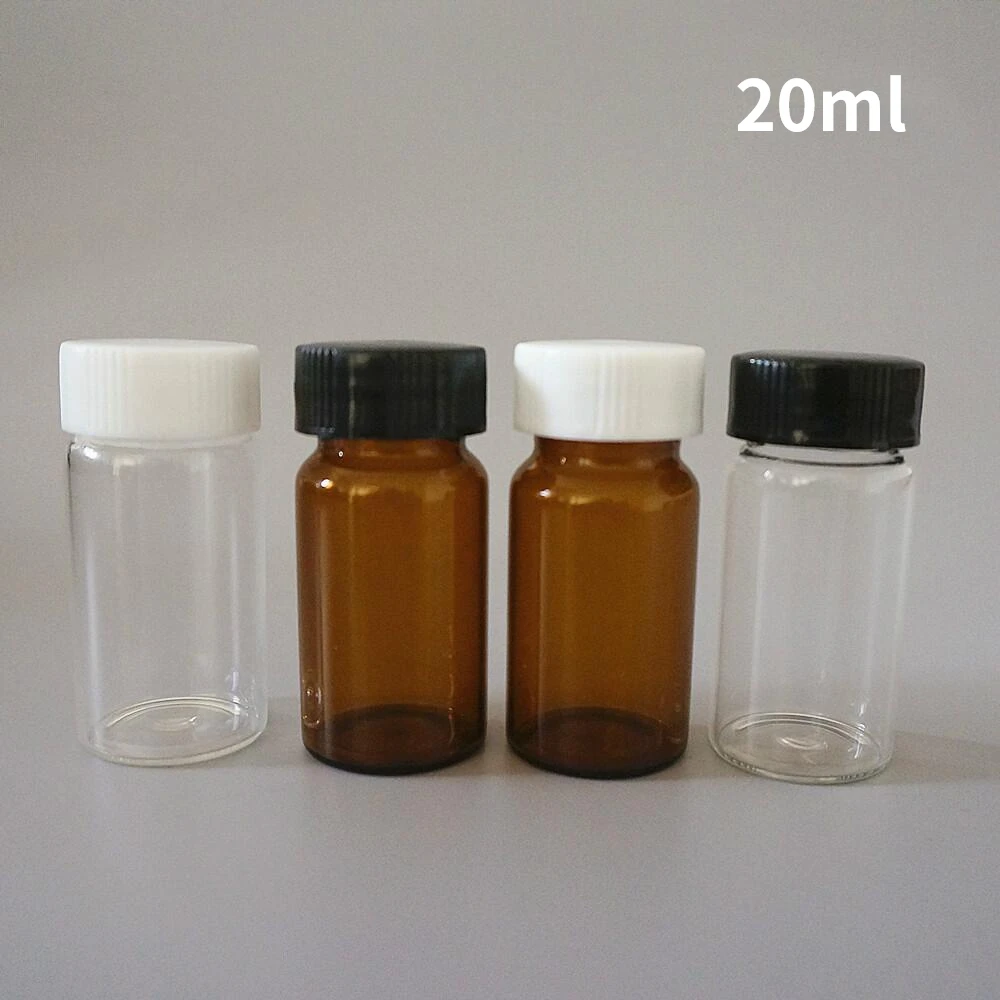20pcs/pack 20ml (Clear/ brown) Glass Seal Bottle Reagent Sample Vials With Plastic Lid Screw Cap