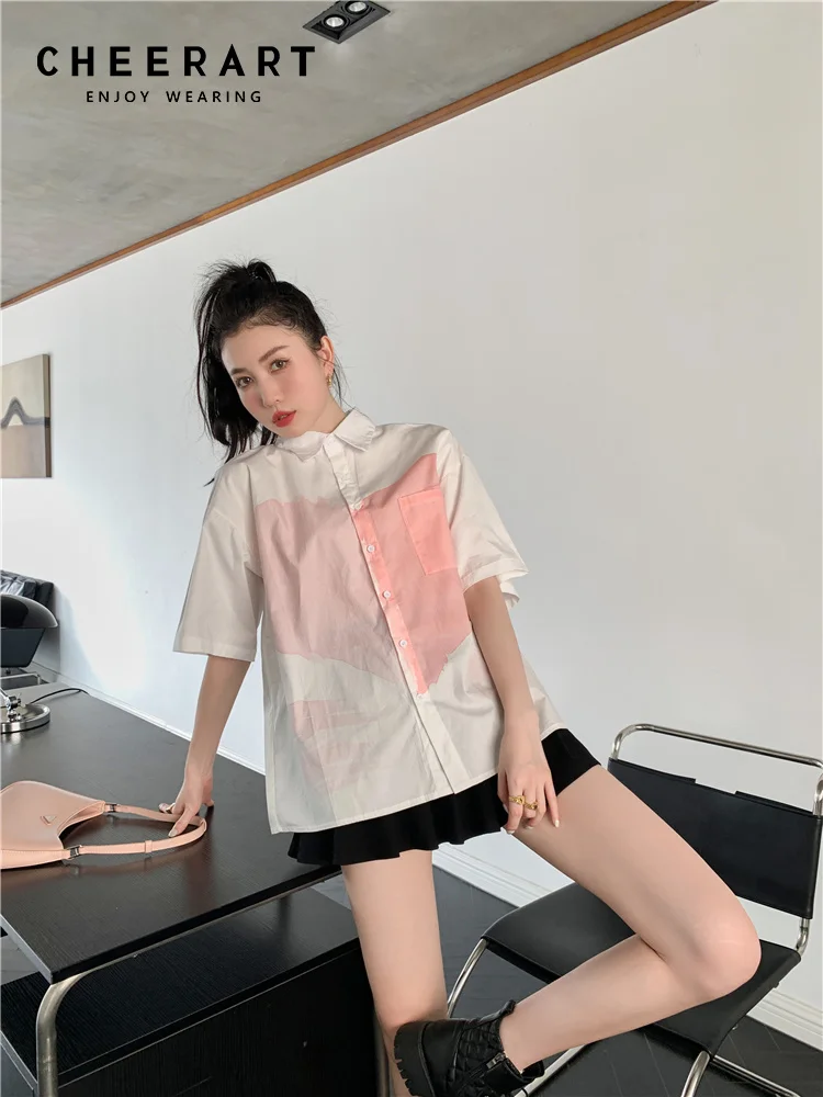 

CHEERART Heart Gradient Print Button Up Shirt For Women Summer Short Sleeve Top White Button Up Oversized Shirt Designer Clothes