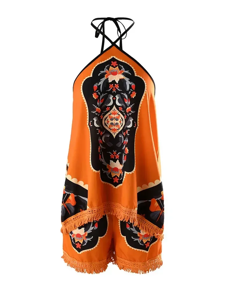 Женские наряды из двух частей. 2024 Новый. Женский племенный принт. Комплект топа с