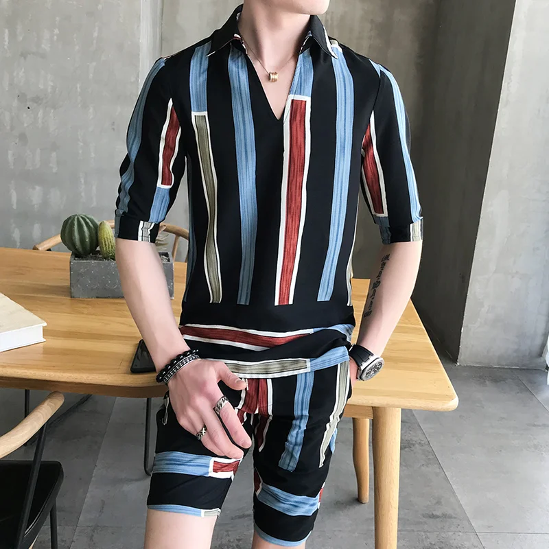 

Fashion stripe 2pcs set shirt and shorts pullover summer shirt men and short Casual Erkek Giyim Slim Fit Social Club Outfits