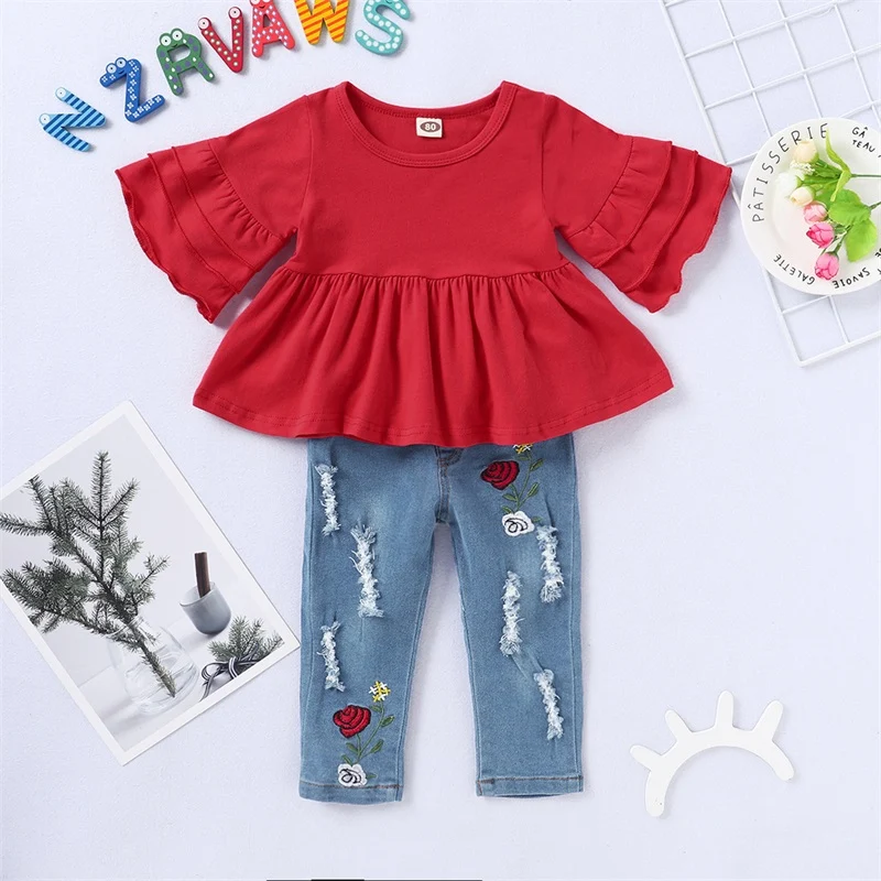 Длинные брюки Pudcoco для маленьких девочек наряды с расклешенными рукавами