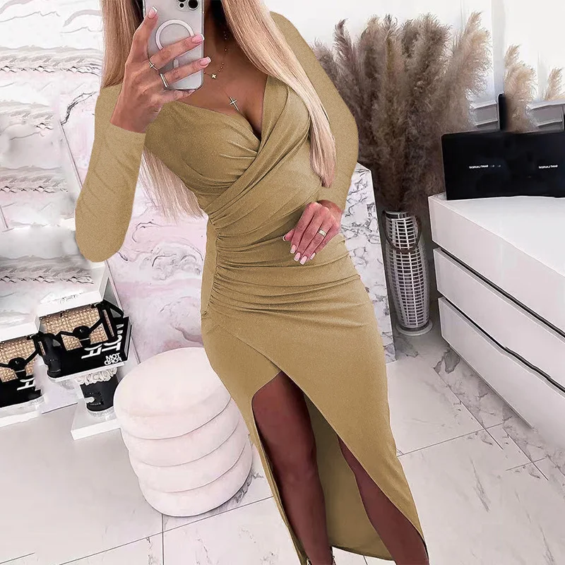 

Sexy Wrap V Neck Shiny Slik Long Dress Women Spring Solid Draped Side Slit Maxi Dress Autumn Long Sleeve Slim Bodycon Boho Dress