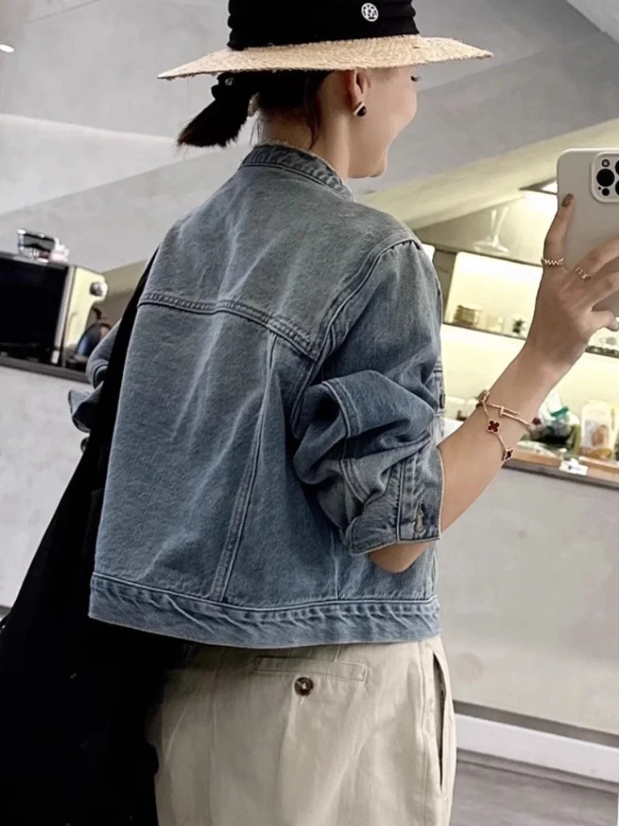 Korean Sle New Stand Collar Denim coat Women Spring and Autumn Loose Small Retro Versatile Crop jacket Fashion Top |