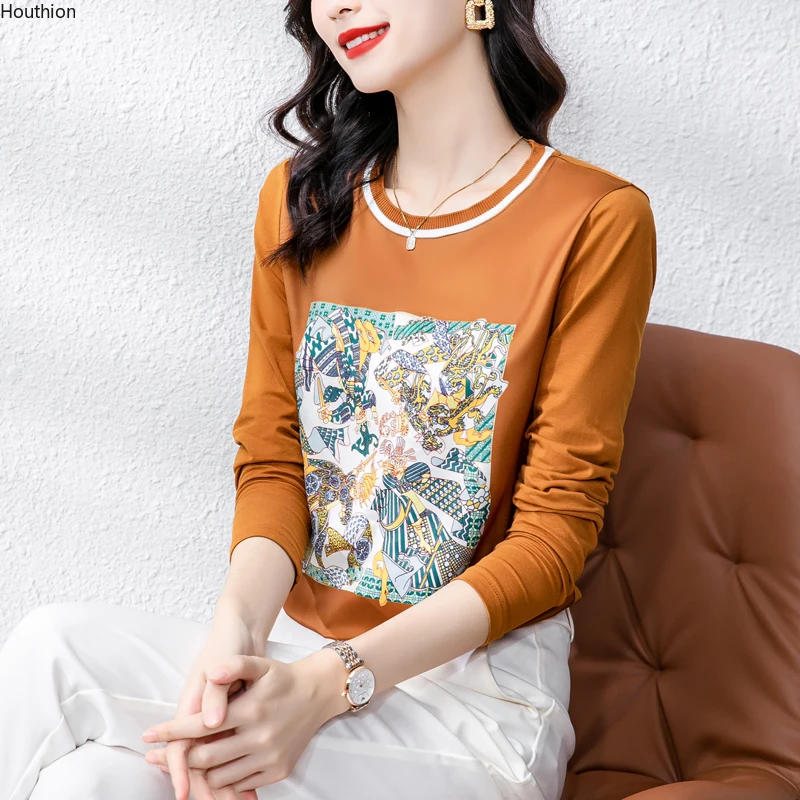 

Summer New Women's T-shirt O-Neck T Shirt Long Sleeve Top Printing Tees Fashion Loose Female Clothes Nylon Cotton