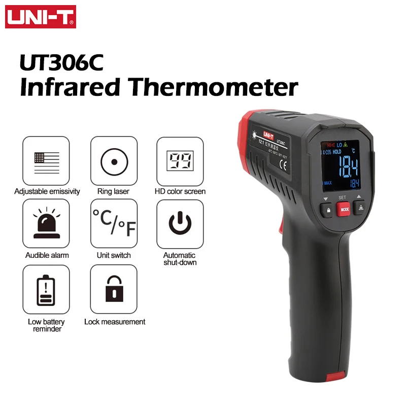 

Фотоцифровой термометр UT306S UT306C, Бесконтактный промышленный инфракрасный лазерный измеритель температуры, прибор для измерения температуры,-50 ℃-500