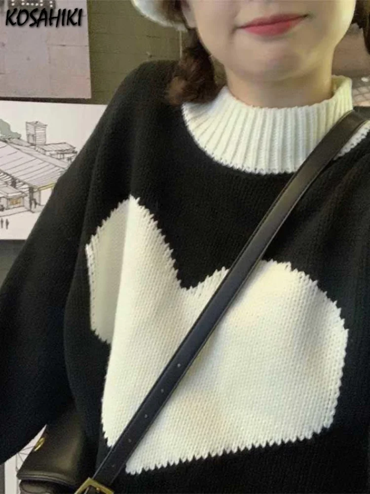 

Женский жаккардовый джемпер в стиле Харадзюку, Свободный пуловер контрастных цветов с сердечками, в уличном стиле, Y2k, осень 2023