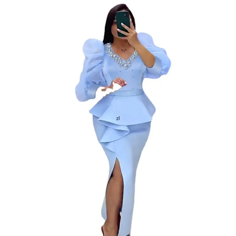 

Модное светло-голубое платье из африканского шифона с V-образным вырезом для женщин элегантные женские вечерние платья пикантное женское о...