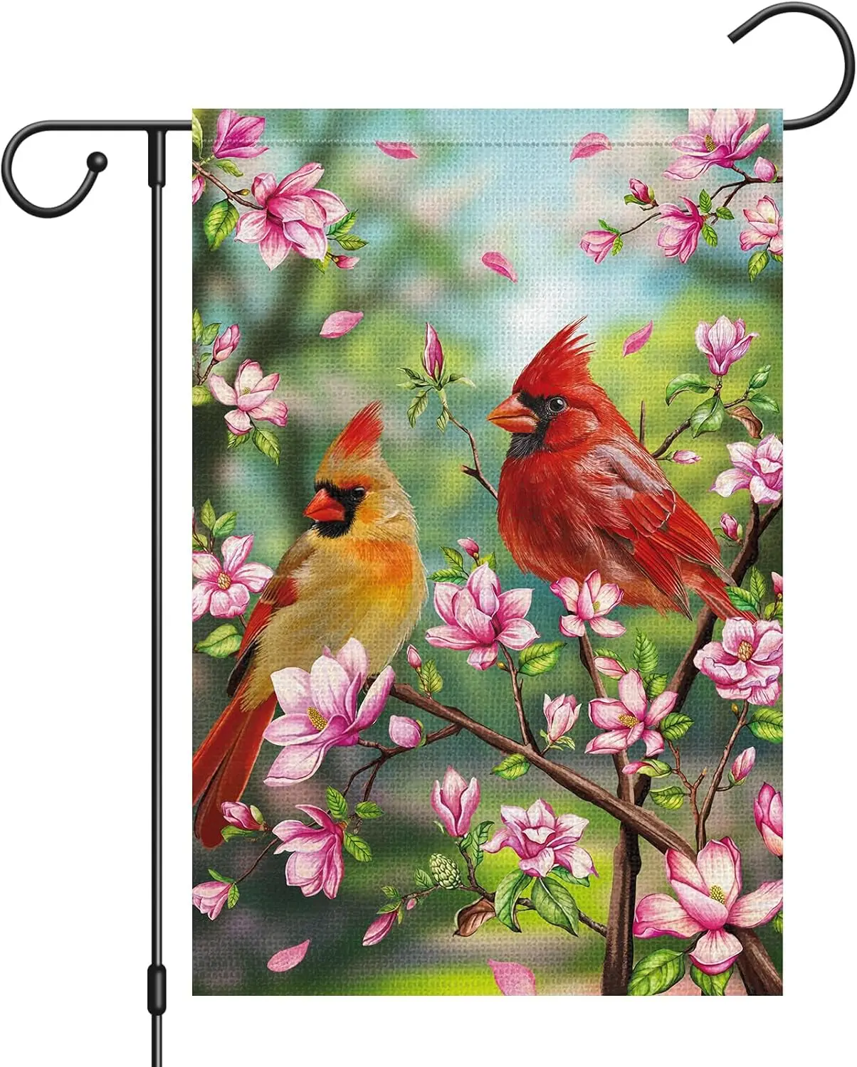 Фото Садовый флаг Heyfibro Spring Cardinal с цветами магнолии, 12x18 дюймов, двусторонний, из мешковины, с красным птичьим домиком, SSL №1