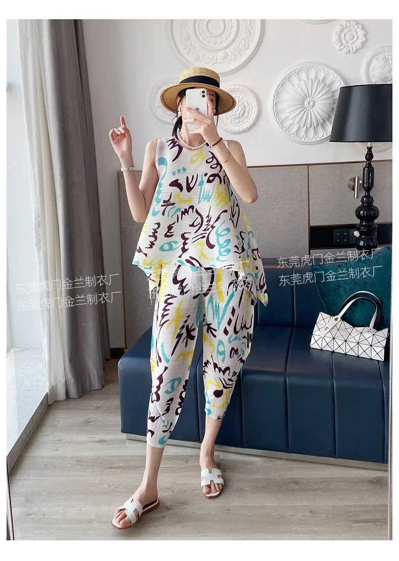 Плиссированные летние новые брюки с принтом Женский комплект из двух предметов