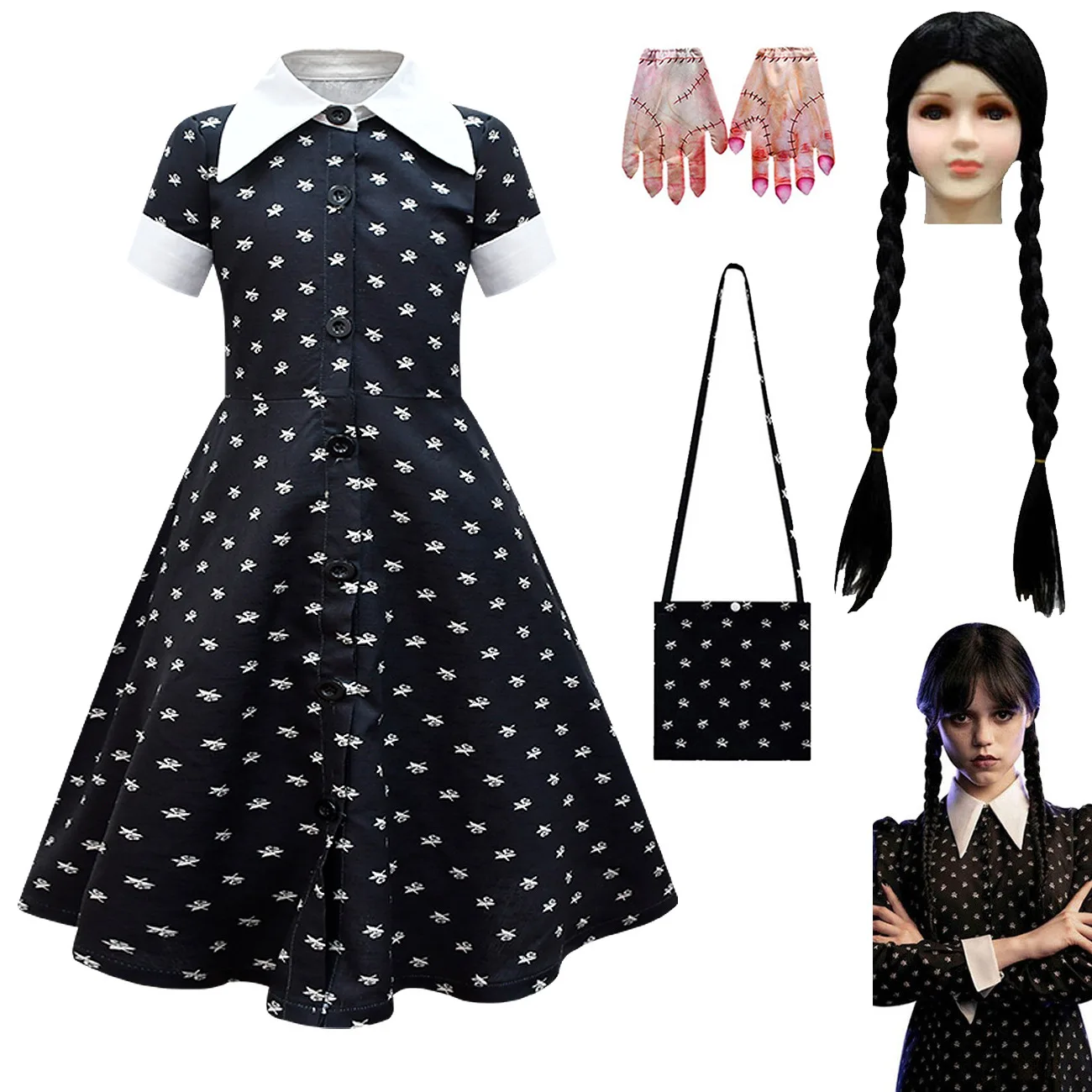 

Girl Wednesday Addams Cosplay Dress Kids Halloween Cosplay Costumes Black Gothic Dresses Children Carnival Party Clothes+wig bag