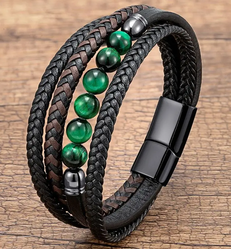 

Natural Round Lava Stone Beaded Charm Bracelet Men Multilayer Woven Leather Bracelet Fashion Tiger Eye Jewelry Boyfriend Gif
