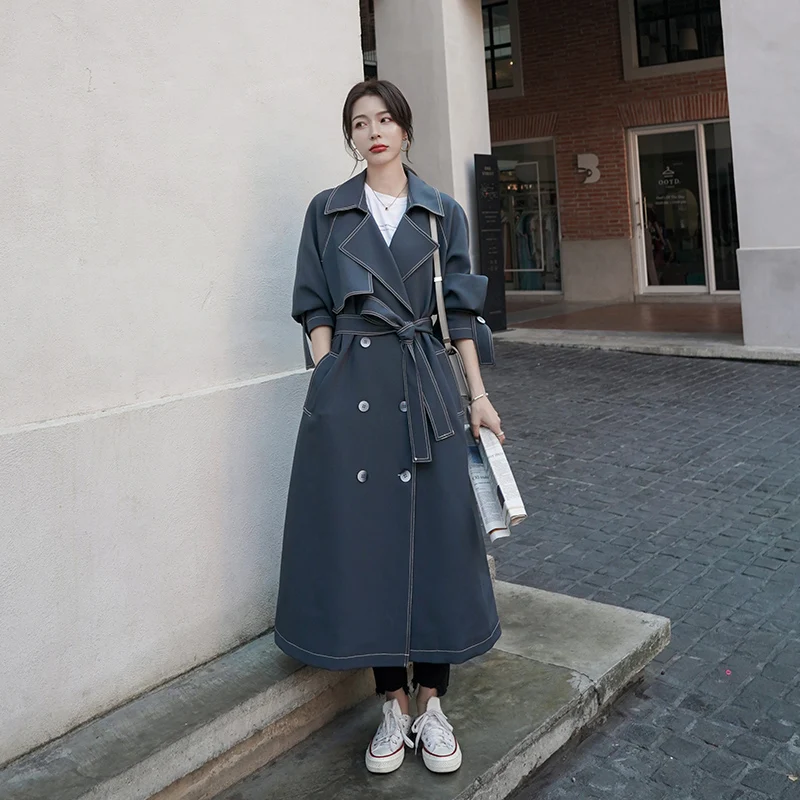 Women's Windbreaker 2022 Spring Autumn Long New Korean Fashion Loose Lapel Double-Breasted Design Quality Blue Trench Coat 5H