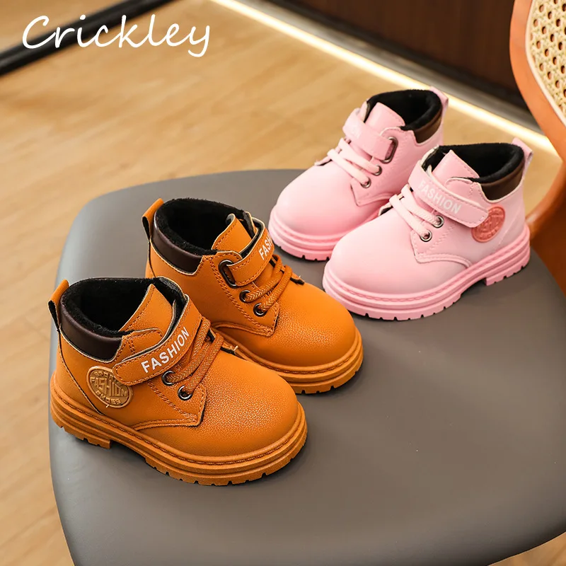 

2023 Solid Baby Girls Boys Fashion Boots Winter Plush PU Ankle Shoes For Children Warm Hook Loop Non Slip Kids Toddler Boots