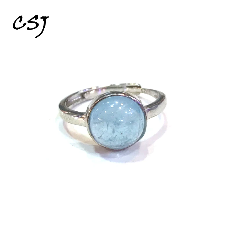 

CSJ Trendy Natural Aquamarine Rings 925 Sterling Silver Beryl Gemstone Round 9mm for Women Party Birthday Jewelry Gift