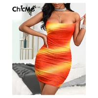 chicme summer women mini tie dye gradient color cutout back ruched bodycon dress spaghetti strap low cut fashion chic sexy