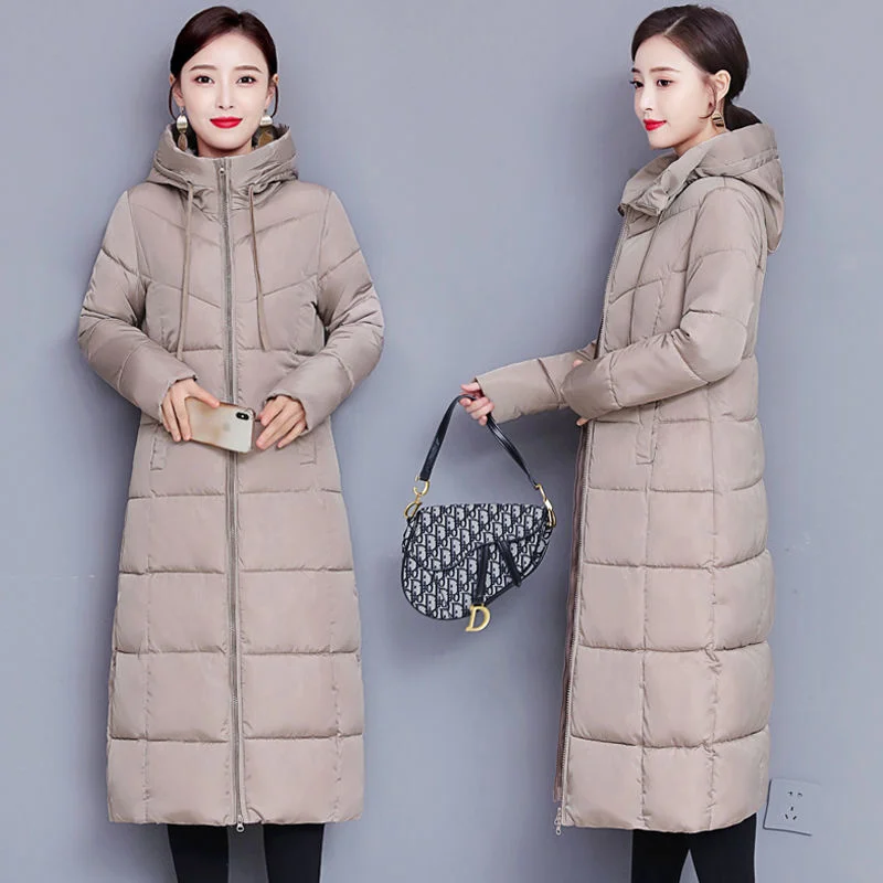 

2022 Winter Long Knee Length Women's Padded Coat Commute Zip Hood for Warmth Coat Straight Type Khaki Parkas Women's Clothing