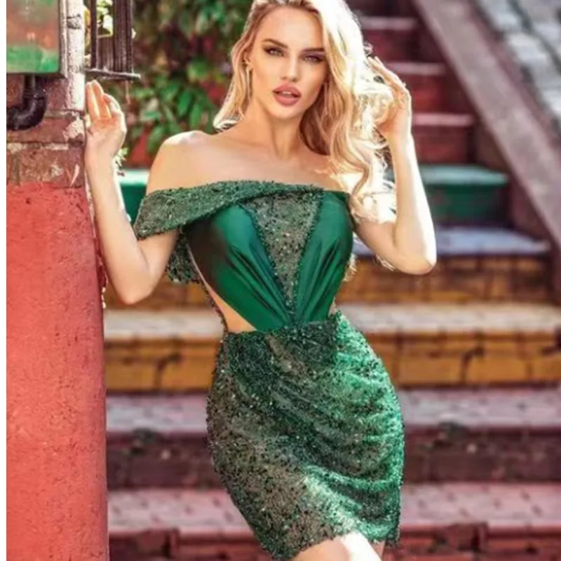 Green Strapless High Quality 2023 Women Sexy Off the Shoulder Shinnign Sequines Bodycon Dress Satin Celebrity High Street Dress