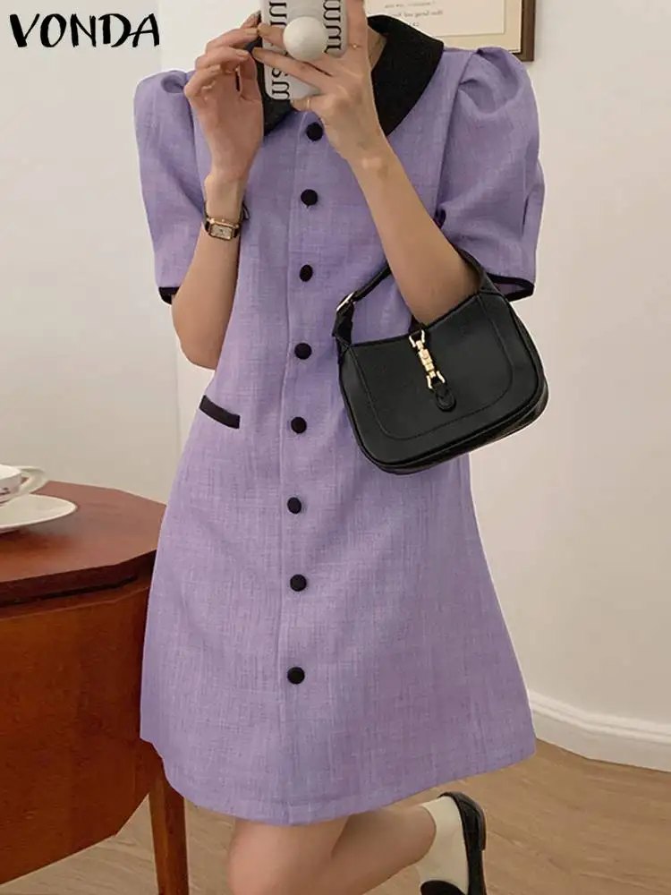 

Elegant Summer Dress VONDA 2022 Lapel Women Office Sexy Puff Short Sleeve Mini Dress Buttons Casual Loose Party Vestidos Robe