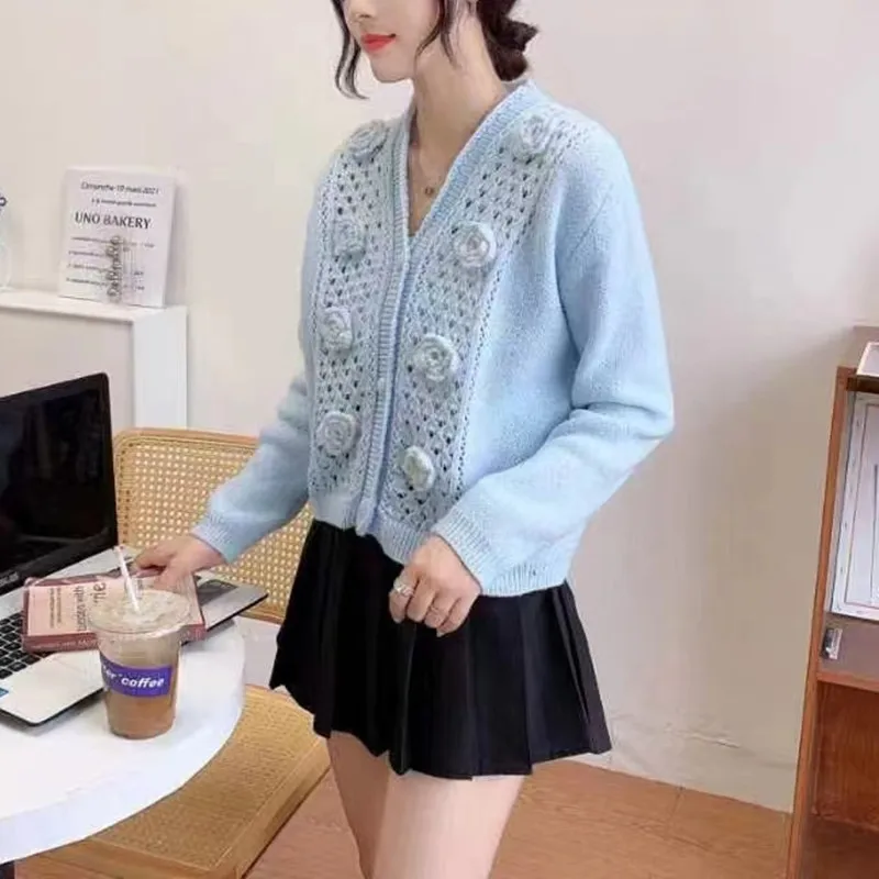 

Cardigan2023 autumn and winter new Korean v neck loose crocheted hollow soft waxy knitted cardigan women retro sweater coat