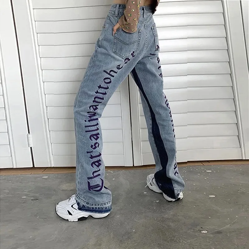 Women Fashion Letter Print Streetwear Denim Pants 2023 Casual Pant Female High Waist Loose Straight Jeans Wide Leg Trousers Pop