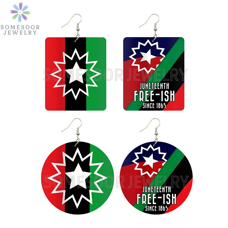 

SOMESOOR Juneteenth Flag Printing Wooden Drop Earrings African Americans Celebrate Free-ish Day Geometric Dangle For Blacks Gift