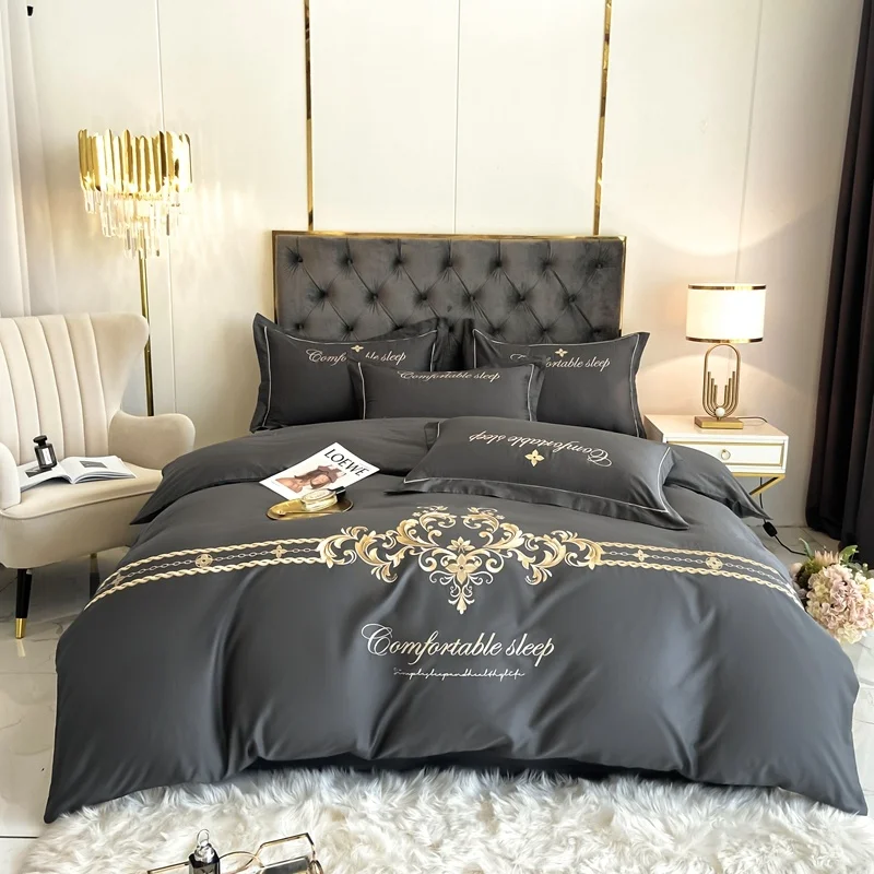 

Luxury Gray 100% Cotton Royal Gold Embroidery Bedding Queen Double Duvet Cover 1.5M 1.8M Bed Fitted Sheet Set Pillowcase