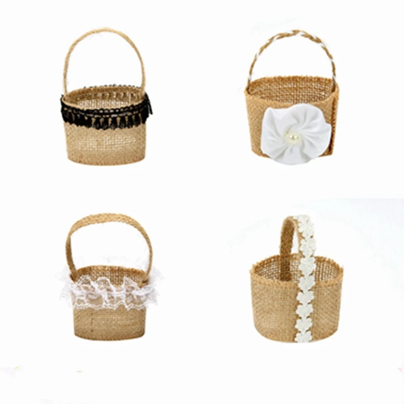 

Wedding Party Lace Burlap Basket Linen Handle Vintage Rustic Wedding Ceremony Table Decorations Party Candy Gift Bag